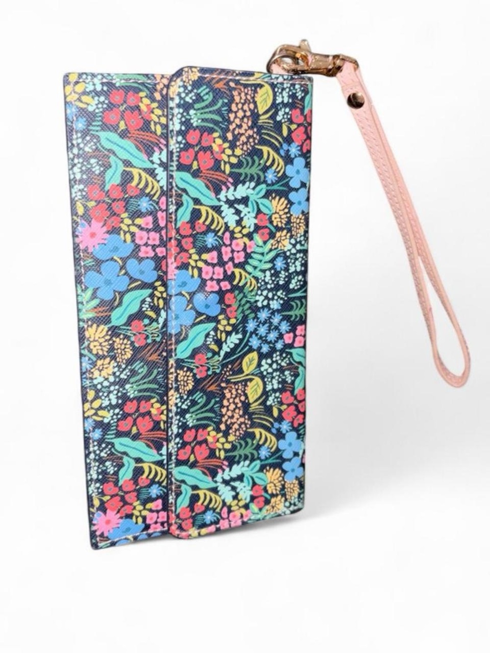 Floral Print Convertible Wristlet Wallet in Black with Pink Strap